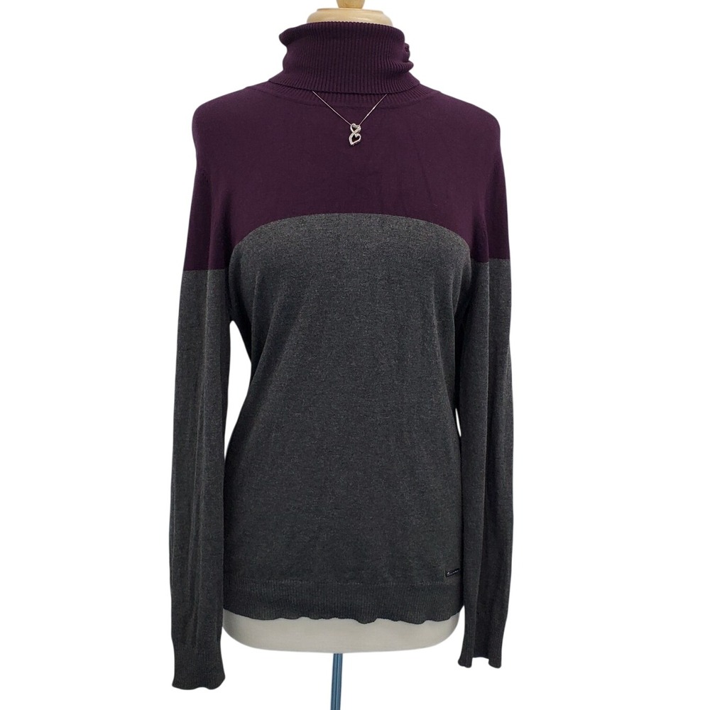 Calvin Klein Womens Color-Blocked‎ Turtleneck Sweater Size L Purple Gray Stretch